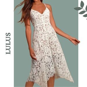 Lulus White Lace Halter Dressa Nude Lining Asymmetrical Cut Size Small